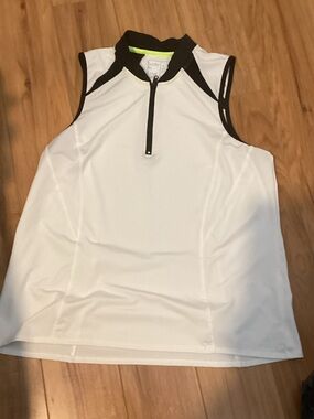 Lucky in Love White Sleeveless Zip-Front Athletic Tank with Black Trim